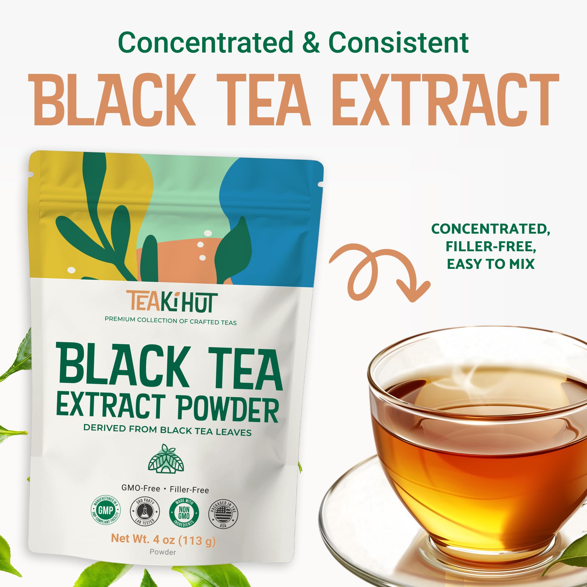 Instant Black Tea Extract Powder, Unsweetened Iced Tea Extract Powder from Real Black Tea Leaves for Hot or Cold Drinks, Instant Black Tea Mix