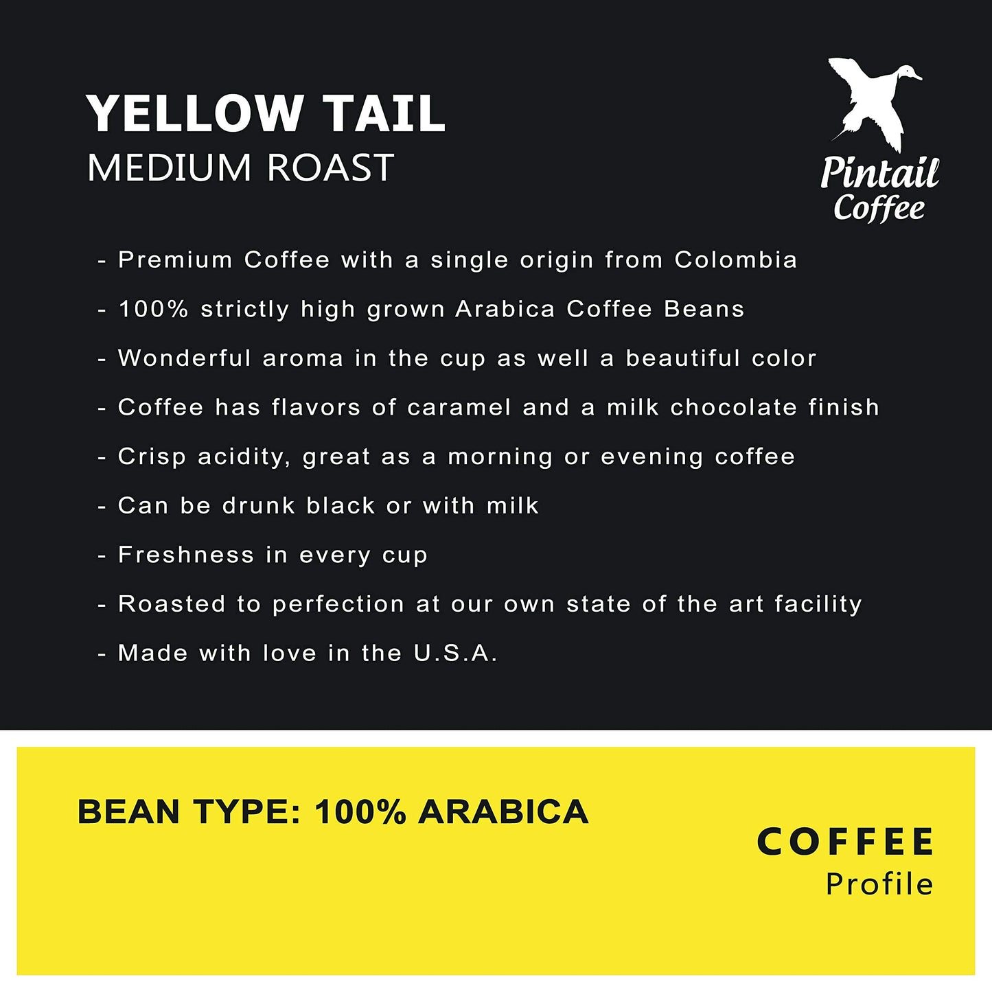 Pintail Coffee - Yellow Tail Medium Roast 100% Colombian Ground Coffee, 12 oz. Bag, Rich Blend of Colombia, Crisp Flavors of Caramel