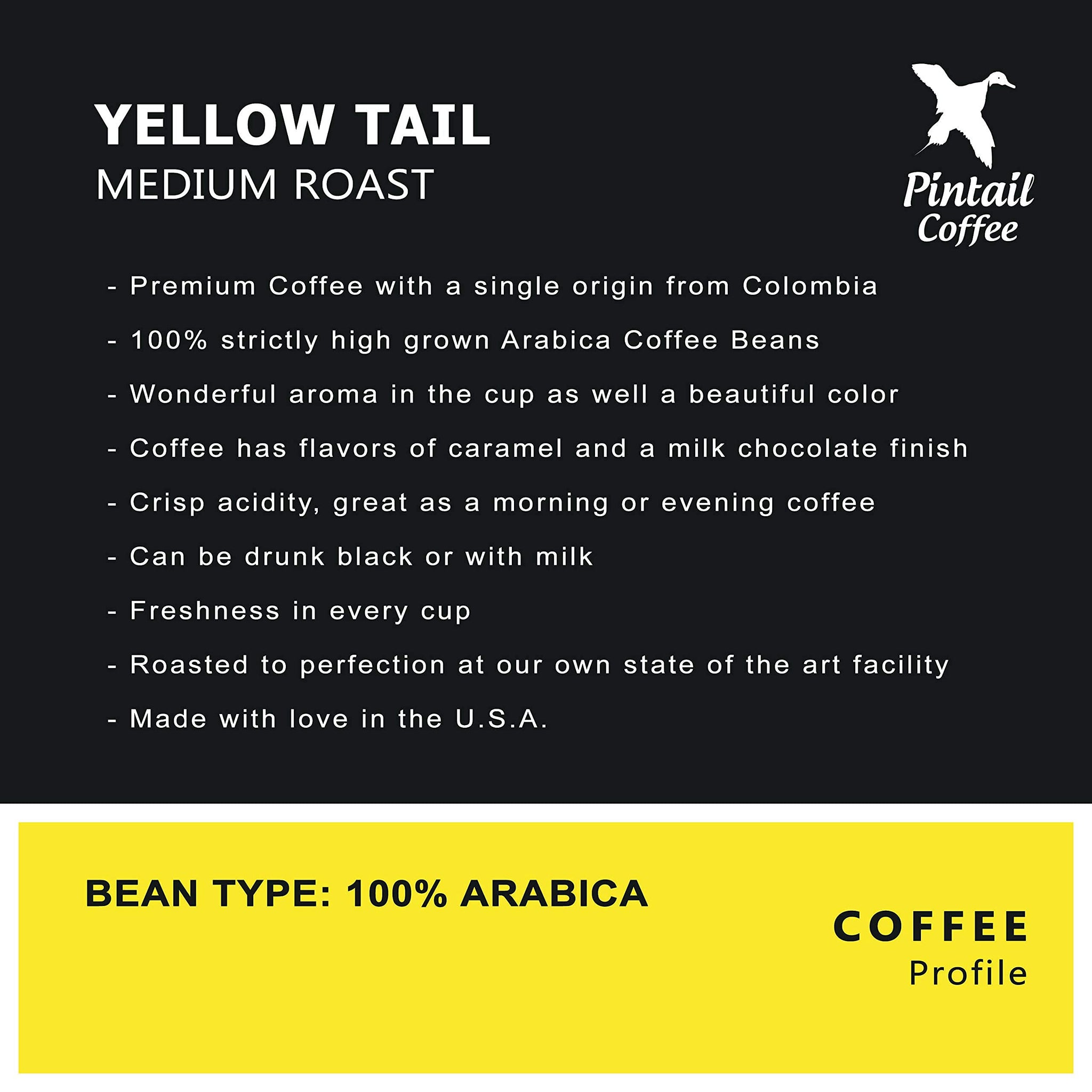 Pintail Coffee - Yellow Tail Medium Roast 100% Colombian Ground Coffee, 12 oz. Bag, Rich Blend of Colombia, Crisp Flavors of Caramel