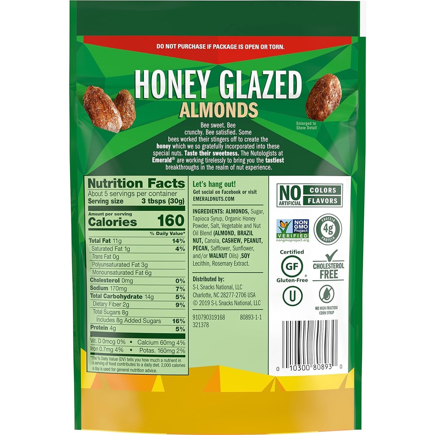 Emerald Nuts, Honey Glazed Almonds, 5.5 Oz, Resealable Bag (Pack of 2)