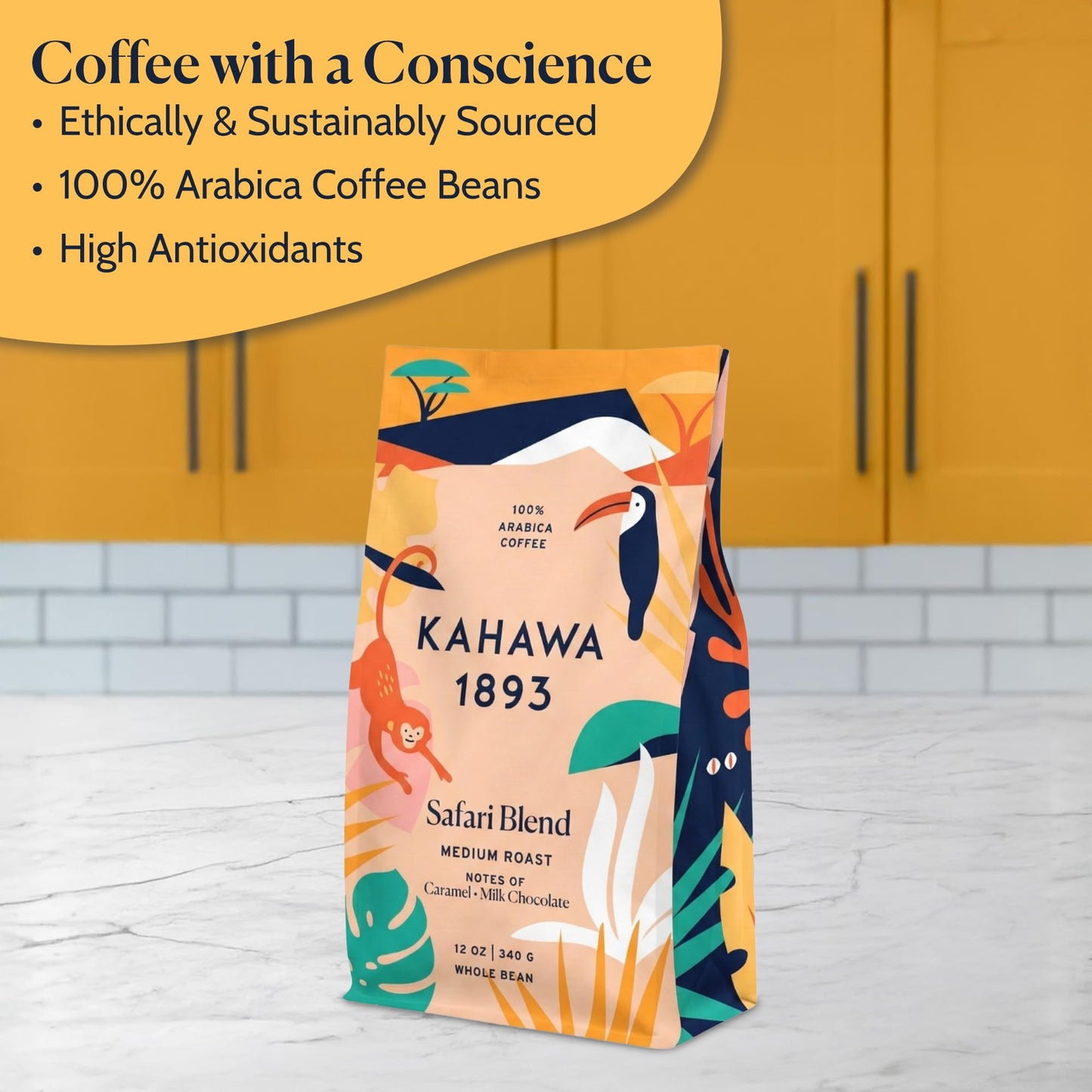Kahawa 1893 Whole Bean Coffee Medium Roast Safari Blend 12 Oz - As Seen on Shark Tank, High Antioxidants, Naturally Sweet, Organically Grown