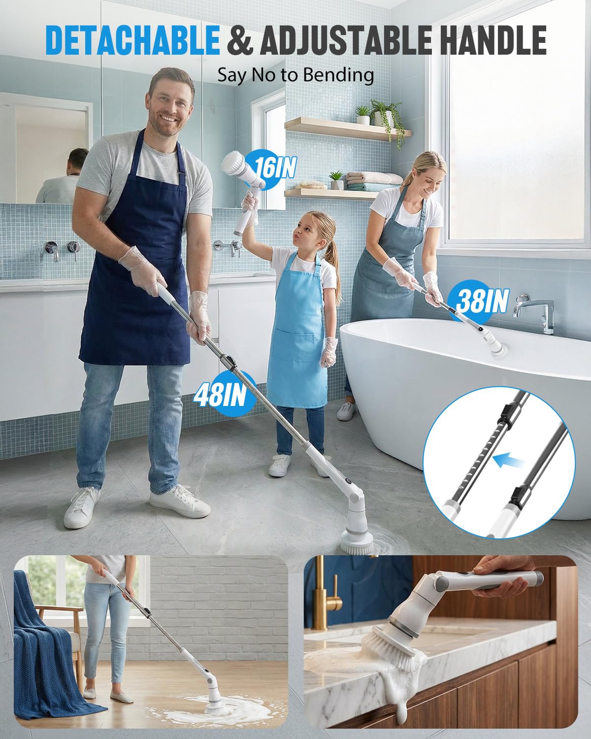 Cordless Electric Spin Scrubber, 4 Angles with 8 Replaceable Brush Heads, Adjustable Handle 3 Speeds with LED Display-90Mins Runtime, IPX7 Waterproof