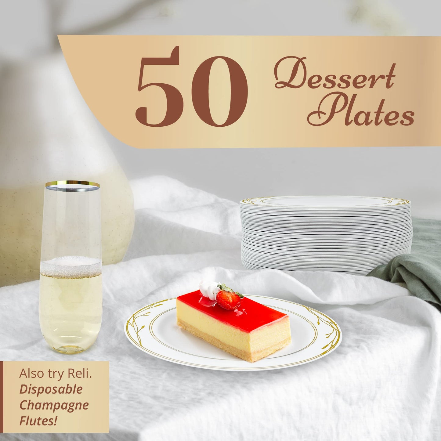 Reli. Disposable Plastic Plates, White & Gold Rim (50 Pcs, 7.5" Dessert Plate) | Hard Plastic, for Dessert/Salad/Cake | Heavy Duty Disposable Rounds