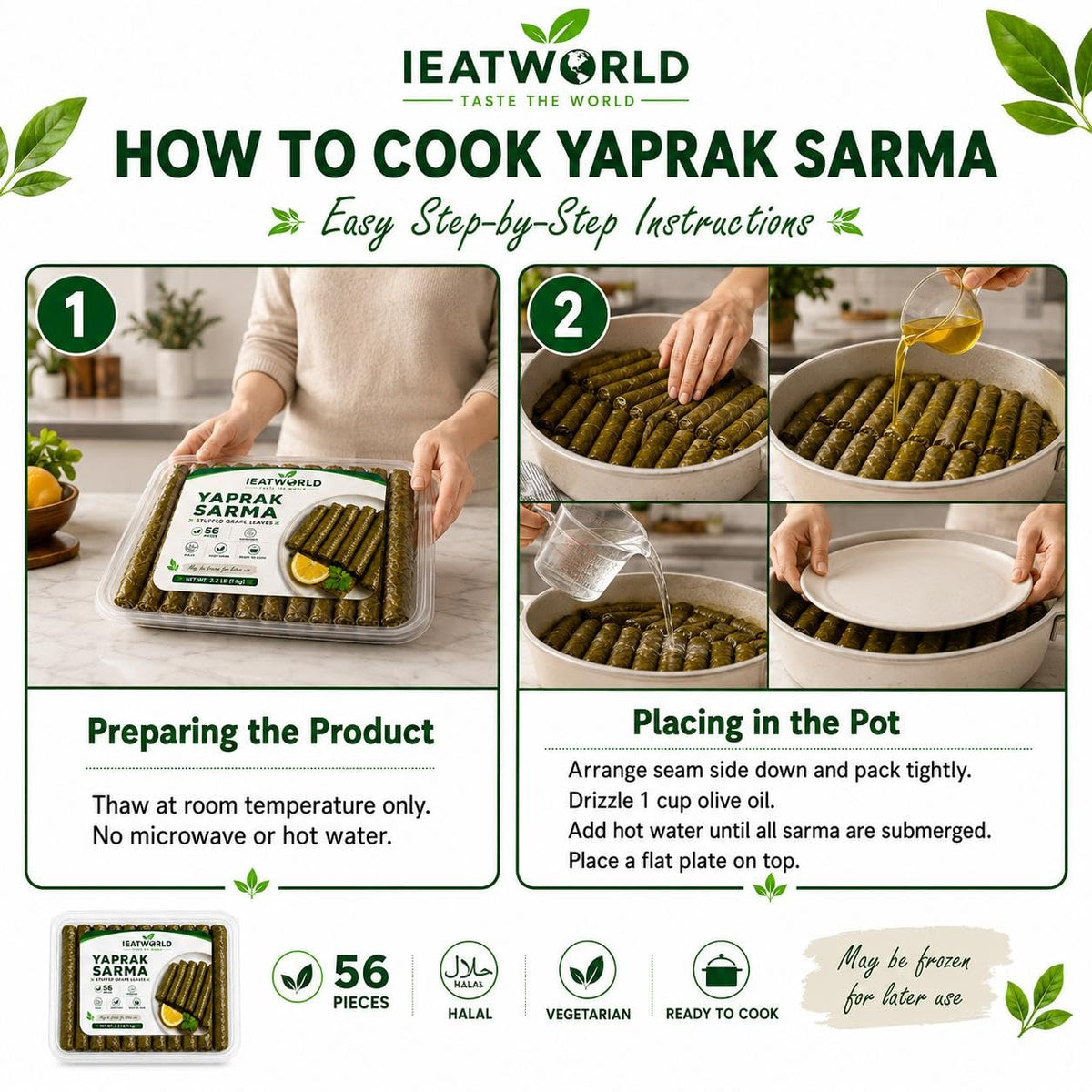IEATWORLD Stuffed Dolma Collection - Ready to Cook Rice-Stuffed Vegetables, Mediterranean Style (1 Pack, Stuffed Grape Leaves)