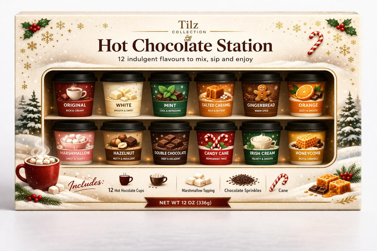 Hot Chocolate Station Gift Set - 12 Indulgent Hot Chocolate Sachets in Cups with Marshmallows & Sprinkles | Luxury Christmas Chocolate Gift Set