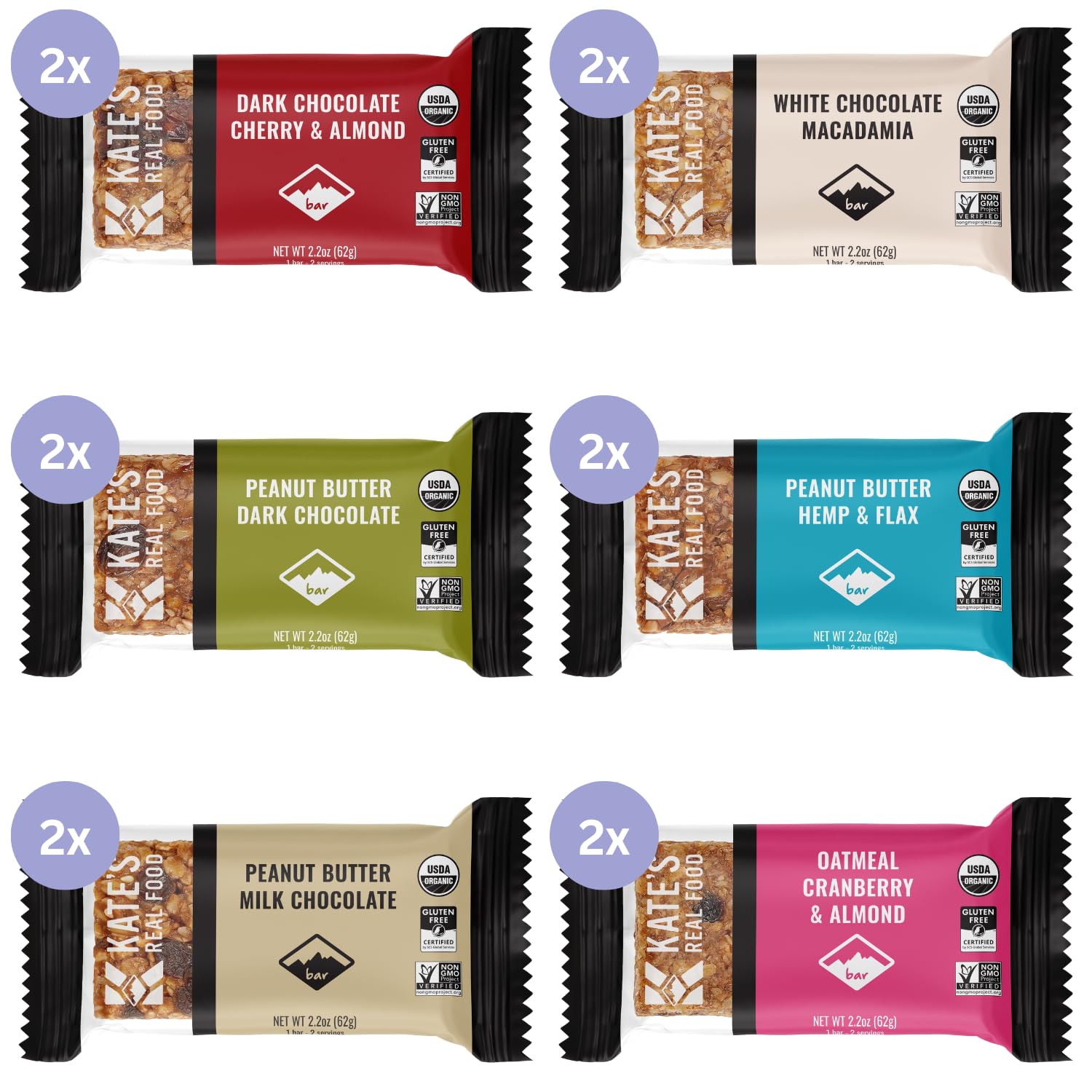 Kate’s Real Food Organic Granola Bars - Snack & Share Variety Pack (2.2 oz, Pack of 12) - Organic Energy Bars Made with Gluten Free Oats - Non GMO