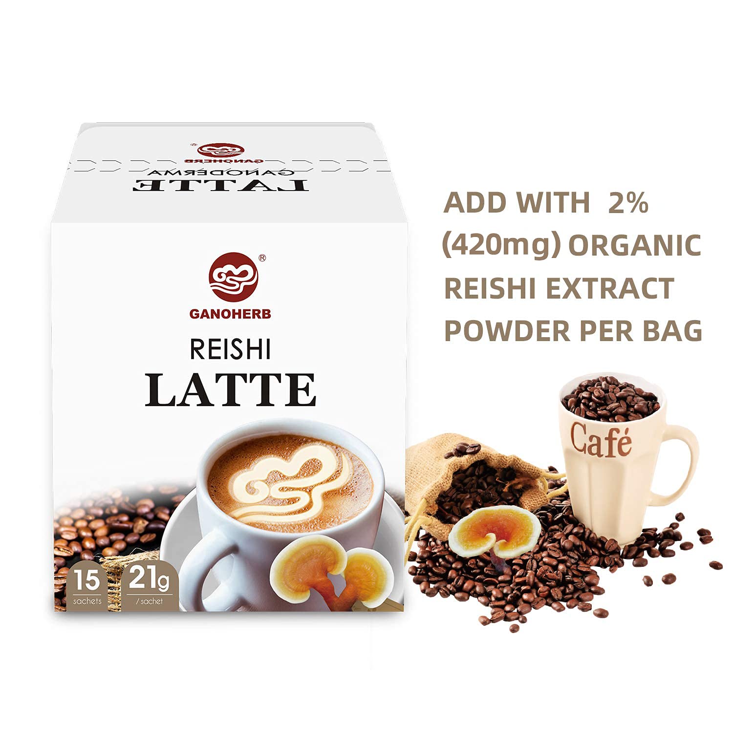 GANOHERB Reishi Mushroom Latte Coffee Powder, 4 in 1 Instant Arabica Coffee with Organic Ganoderma Lucidum Extract to Improve Appetite Stress Relief