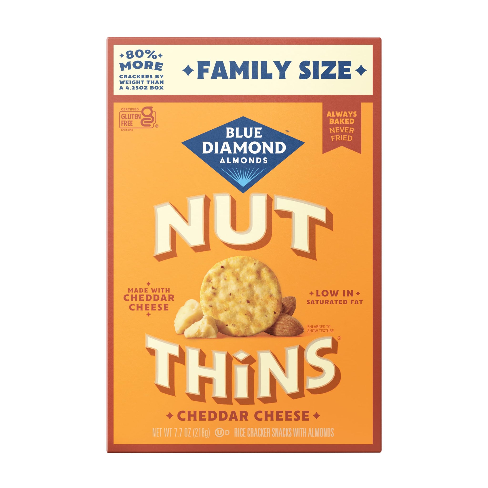 Blue Diamond Almonds Nut-Thins Gluten Free Cracker Crisps, Cheddar Cheese, Family Size, 7.7 oz
