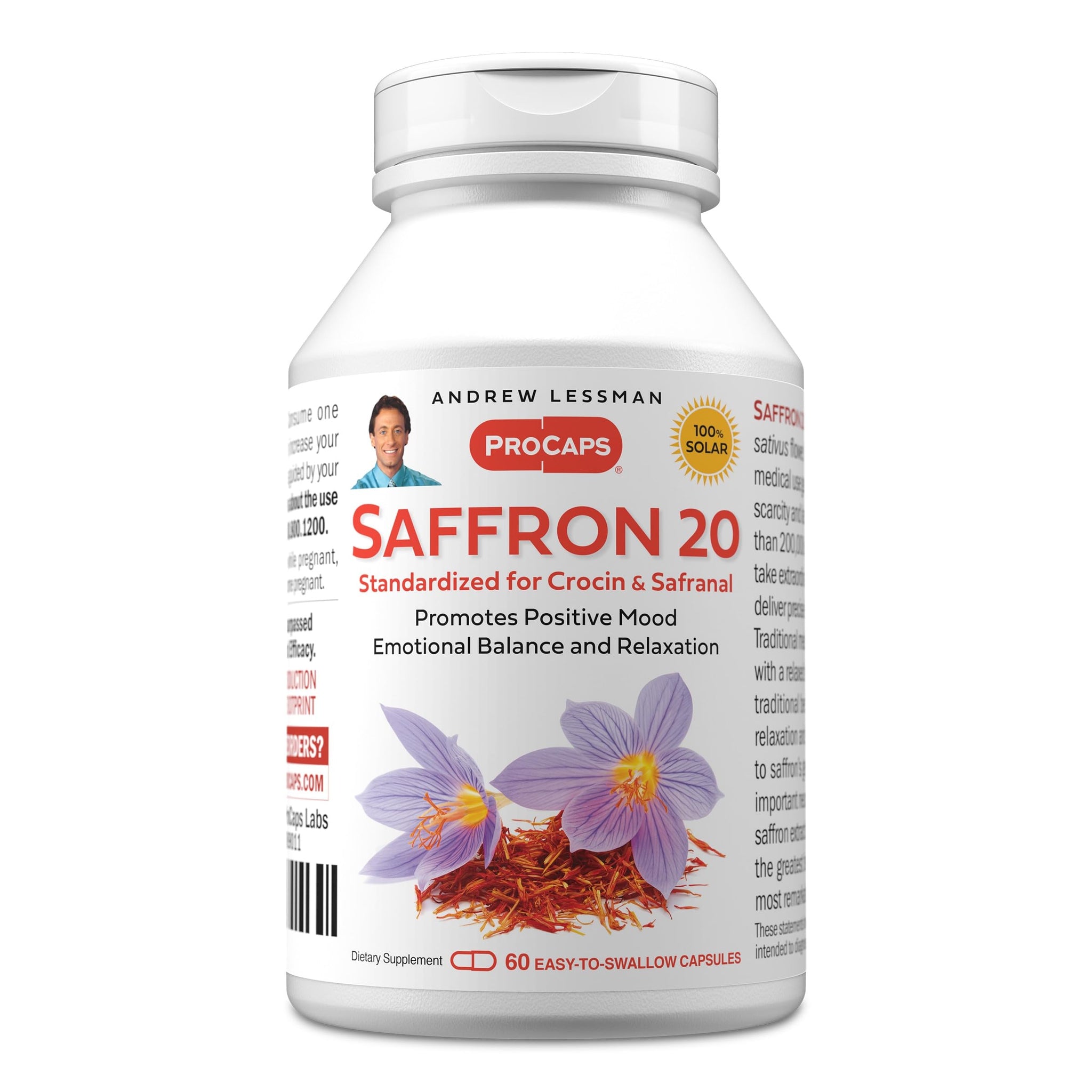 ANDREW LESSMAN Saffron 20mg - 60 Capsules - Standardized Extract. Promotes Positive Mood and Emotional Balance. Relaxation and Quality Sleep. No