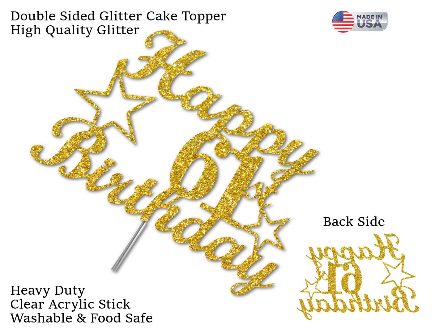 61 Birthday Cake Topper Gold Glitter, Party Decoration Ideas, Premium Quality, Sturdy Doubled Sided Glitter, Acrylic Stick. Made in USA (61st)