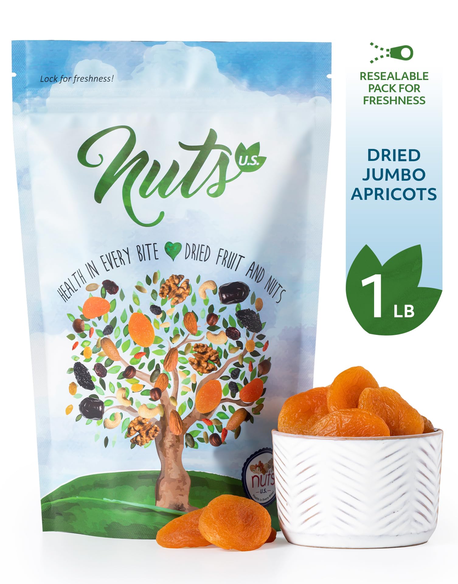 NUTS U.S. - Dried Apricots | Jumbo Size Turkish Apricots | No Added Sugar & Color | Chewy and Juicy Texture | Non-GMO and No Added Flavor | Whole