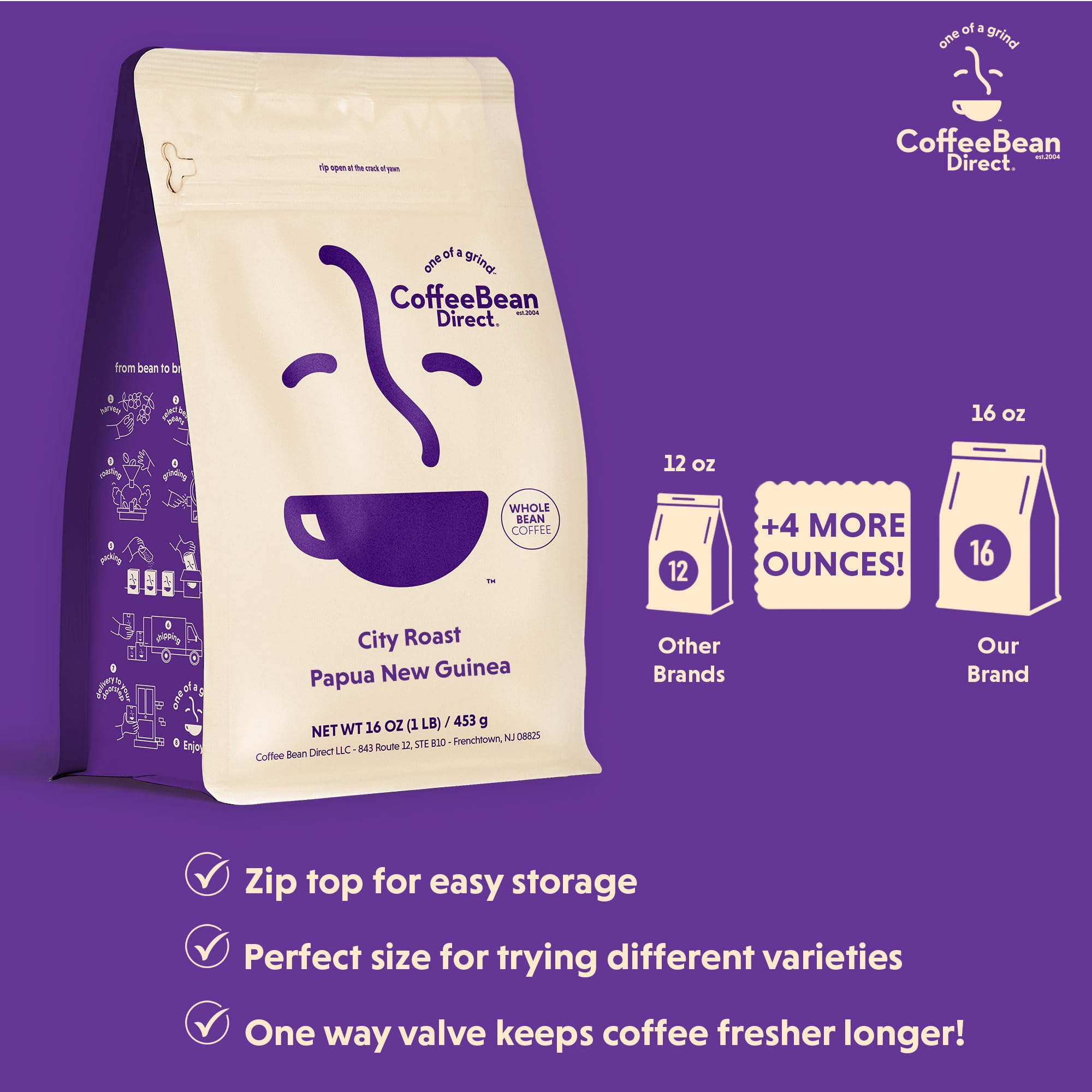 Coffee Bean Direct City Roast Papua New Guinea, Whole Bean Coffee, Arabica Coffee, Medium Roast, 1 Pound Bag (Pack of 1)