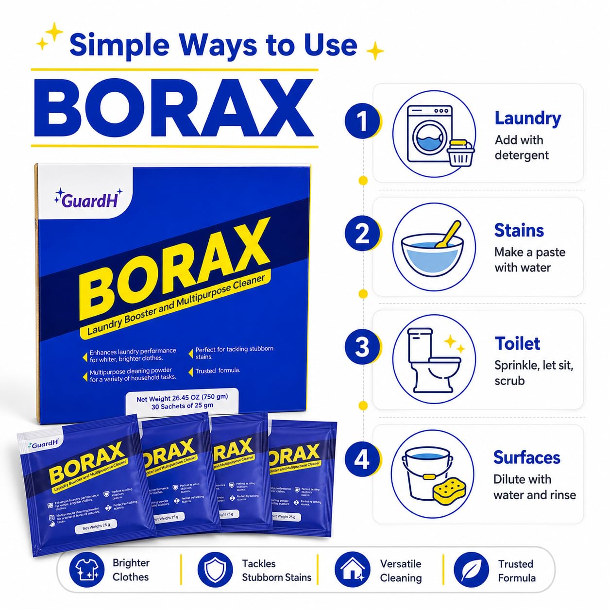 GuardH Borax Multipurpose Cleaner 750g 30 Sachets Natural Mineral Laundry Booster and Household Cleaning Powder for Stains Odor and Grout Eco-Friendly