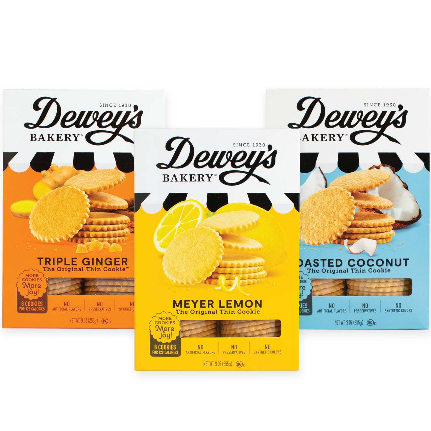 Dewey's Bakery Meyer Lemon, Triple Ginger & Toasted Coconut Moravian Cookie Thin Variety Pack, 9 oz (Pack of 3)