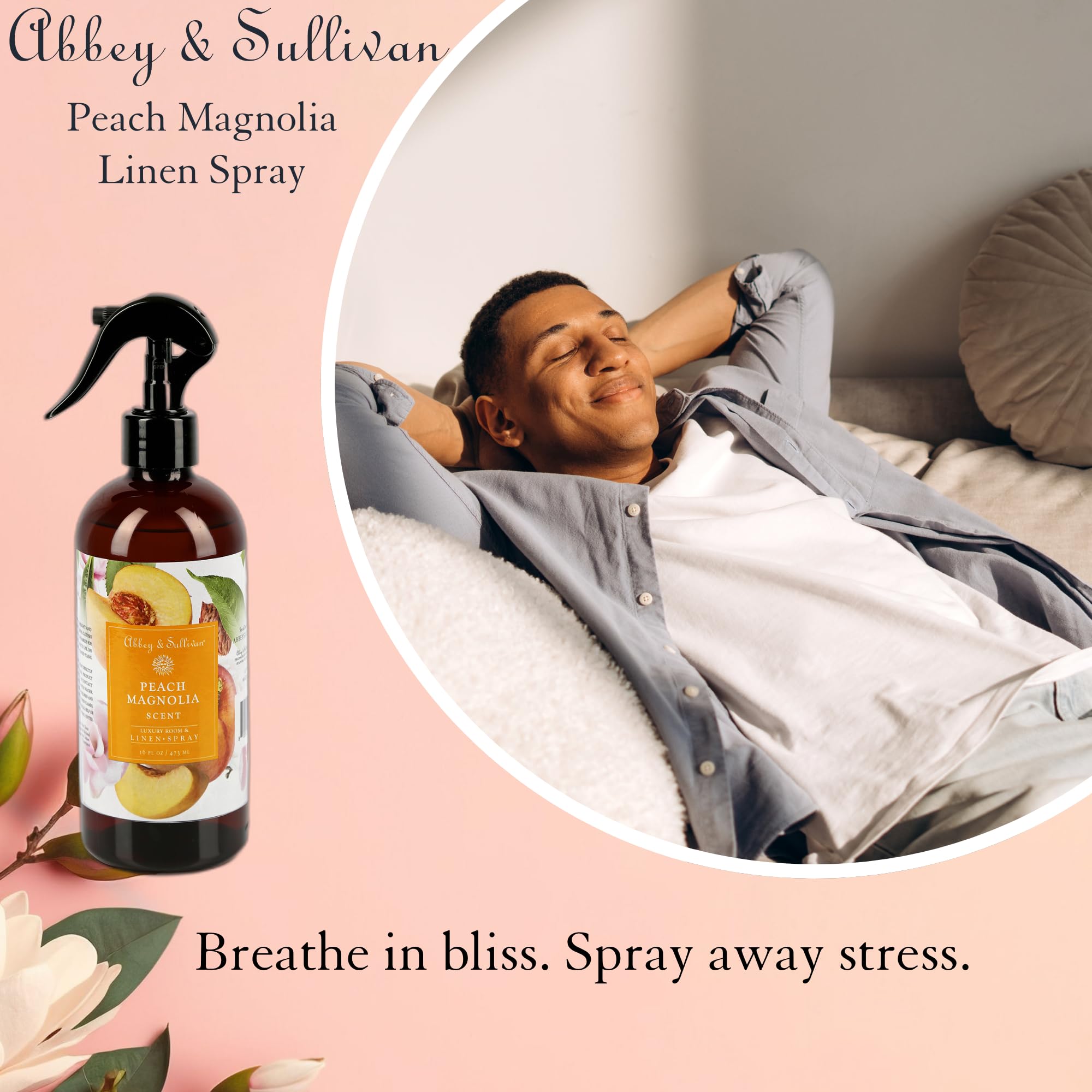 Abbey & Sullivan Linen Spray, Peach Magnolia, Fabric Freshener and Fragrance Room Spray, Pack of 2, 16 oz