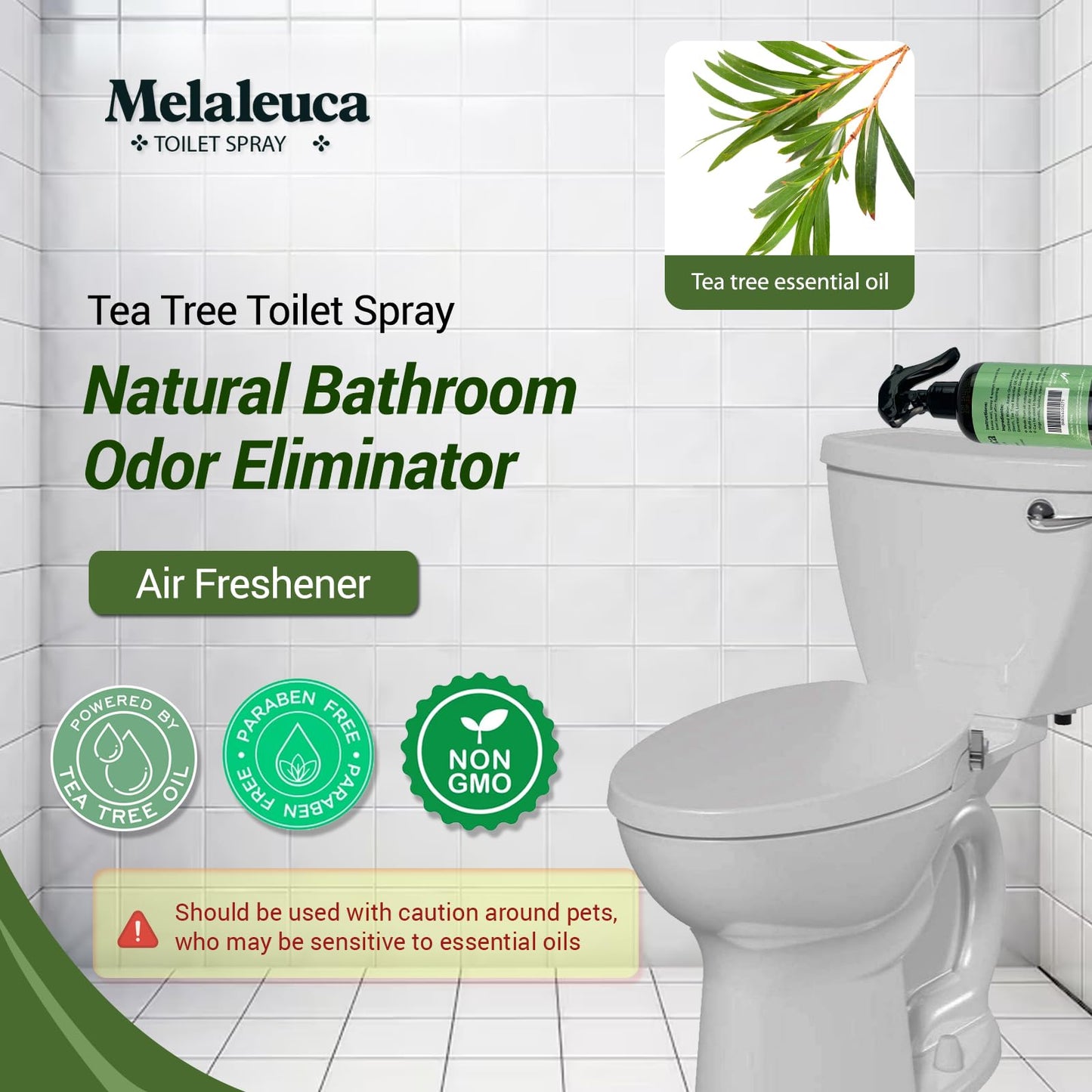 Melaleuca Spray - 100% Natural Tea Tree Oil Toilet Spray - 8 Oz - Natural Bathroom Odor Eliminator & Air Freshener - Pure Tea Tree Essential Oil