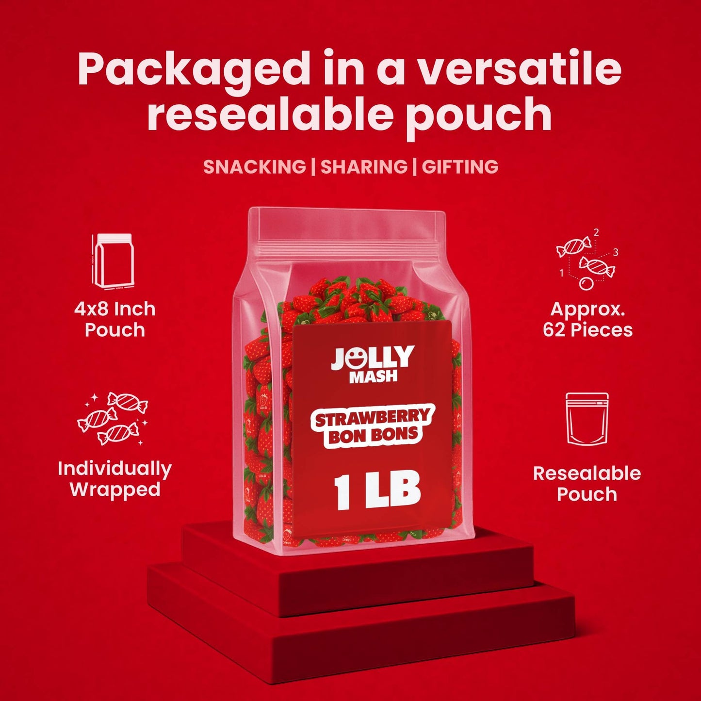 Strawberry Bon Bons Filled Hard Candy | 1 LB | Individually Wrapped Strawberry Candy Bulk Bag