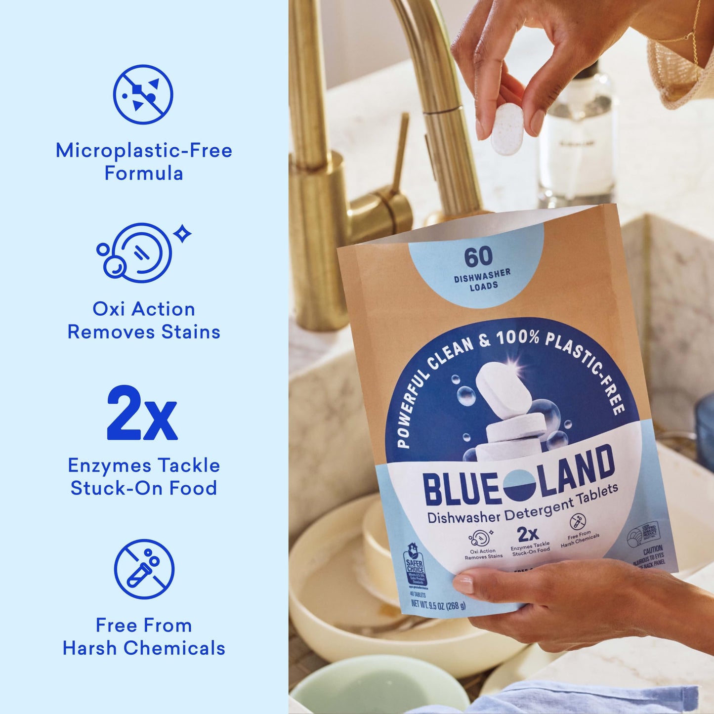 BLUELAND 100% Plastic-Free Dishwasher Detergent Tablets, Starter Set, 60 Count with tin, Free & Clear, Eco-Friendly Dishwashing Pods, Natural, USDA