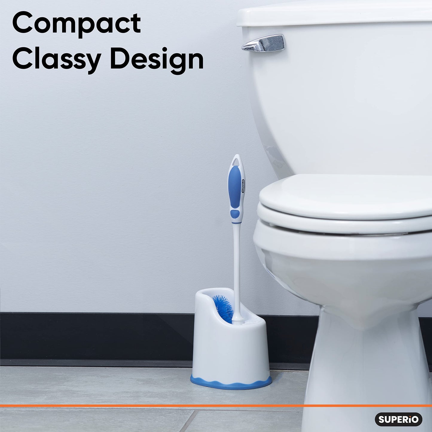 Superio Toilet Brush and Holder,Toilet Bowl Cleaning System with Scrubbing Wand, Under Rim Lip Brush and Storage Caddy for Bathroom, White and Blue