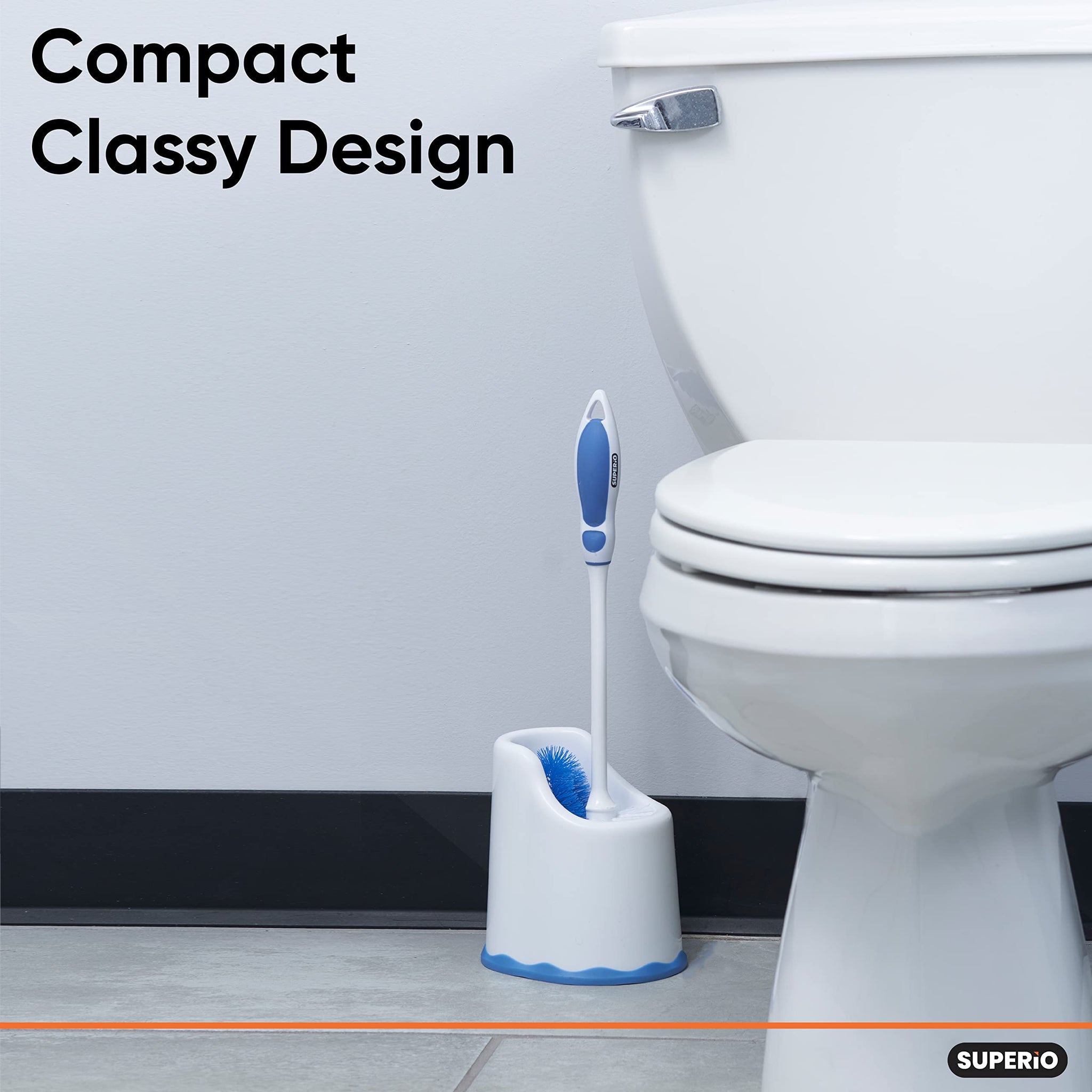 Superio Toilet Brush and Holder,Toilet Bowl Cleaning System with Scrubbing Wand, Under Rim Lip Brush and Storage Caddy for Bathroom, White and Blue