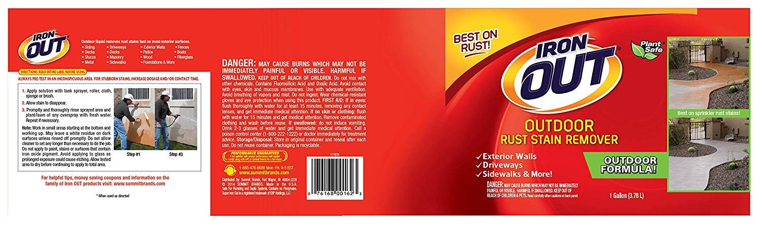 Iron OUT Liquid Rust Stain Remover, Pre-mixed, Quickly Removes Rust Stains from Concrete, Vinyl and Other Outdoor Surfaces, No Scrubbing, Safe to Use