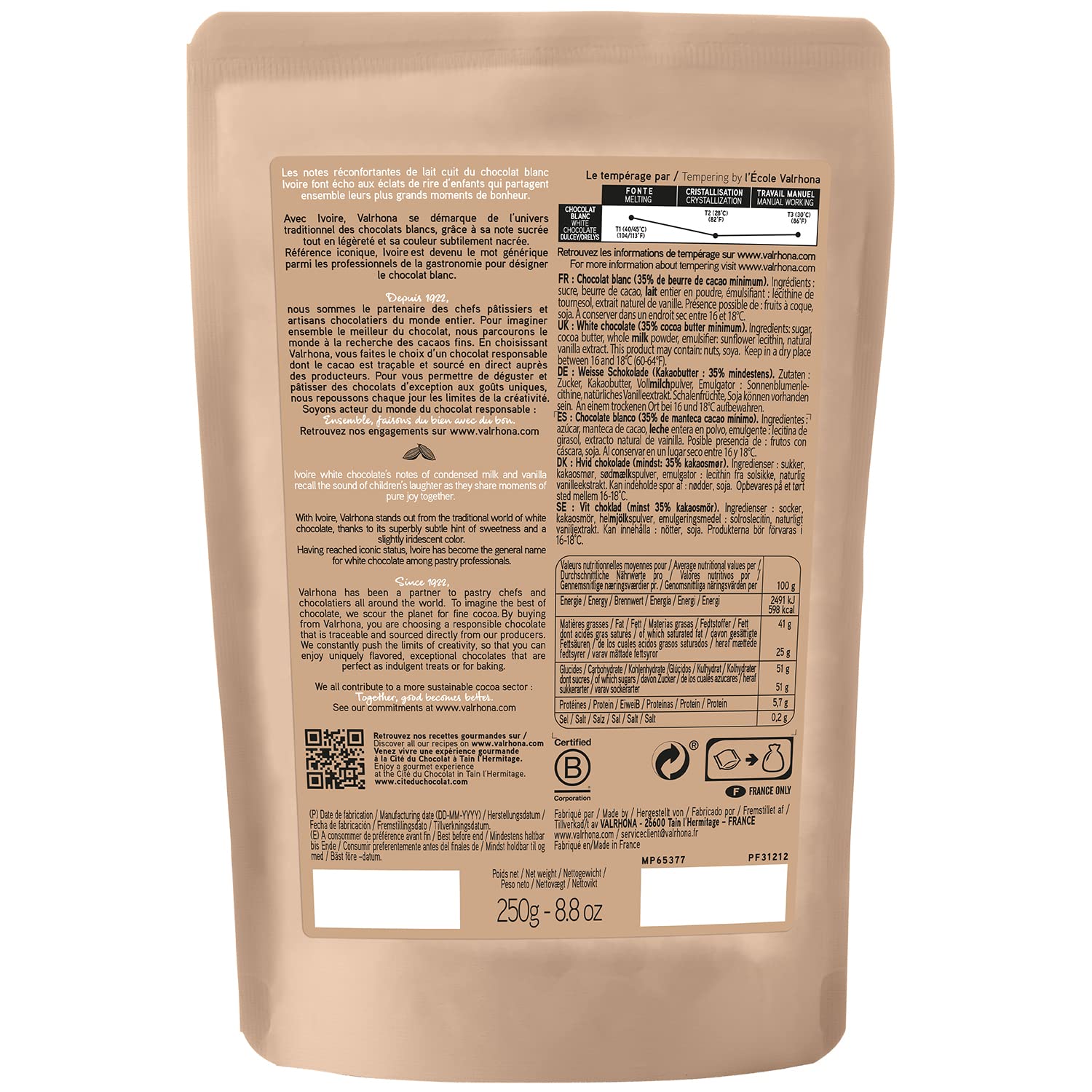 Valrhona Premium French Baking Creamy White Chocolate Discs (Feves) IVOIRE 35% Cacao. Easy Melt and Tempering. Hints of Vanilla & Warm Milk. For Sauces, Mousses, Frostings and Candies 250g (Pack of 1)