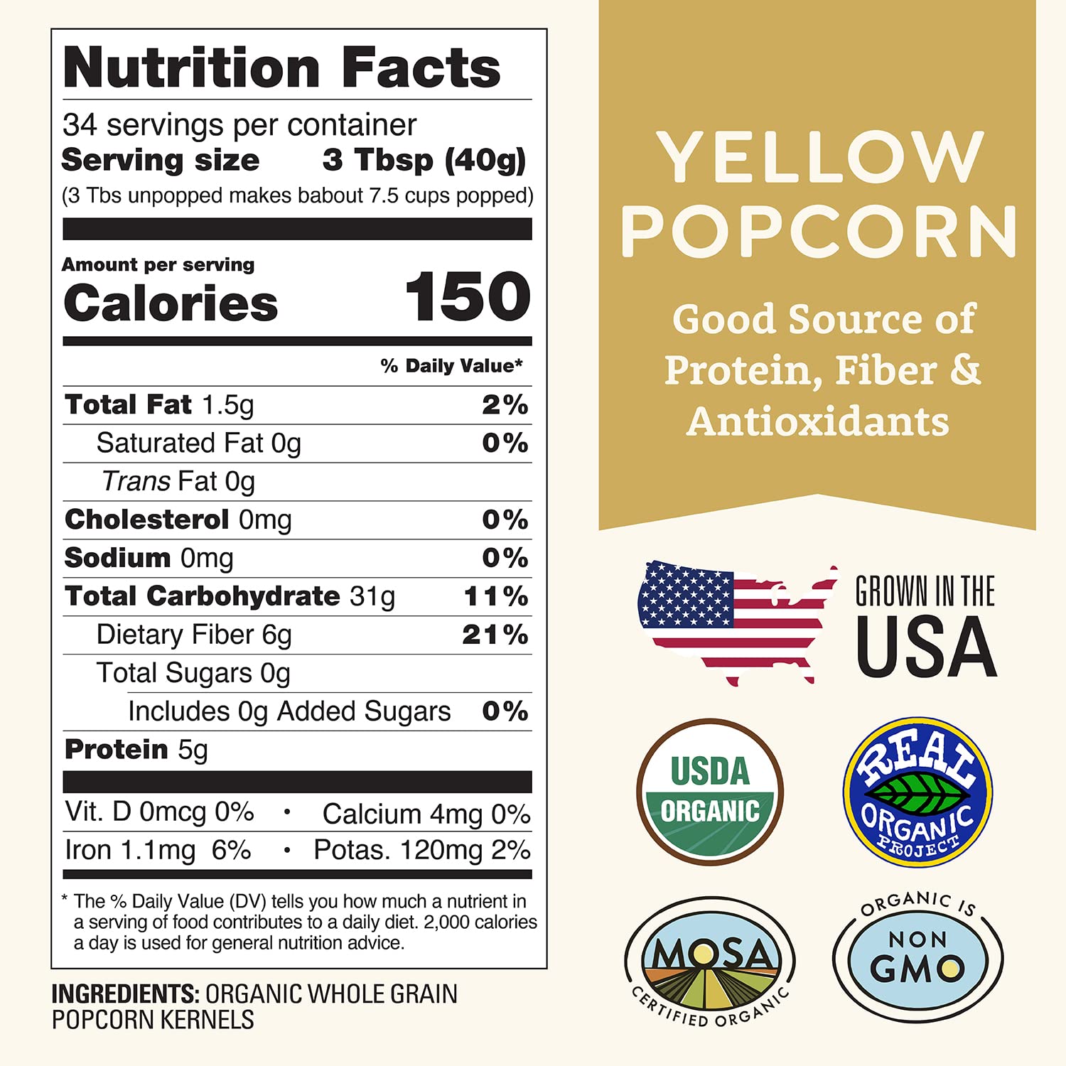 Organic Yellow Popcorn Kernels Unpopped 3 lb - Healthy, Non-GMO, Gluten-Free, Unsalted, Pesticide-Free, Chemical-Free, Glyphosate-Free, Grown in