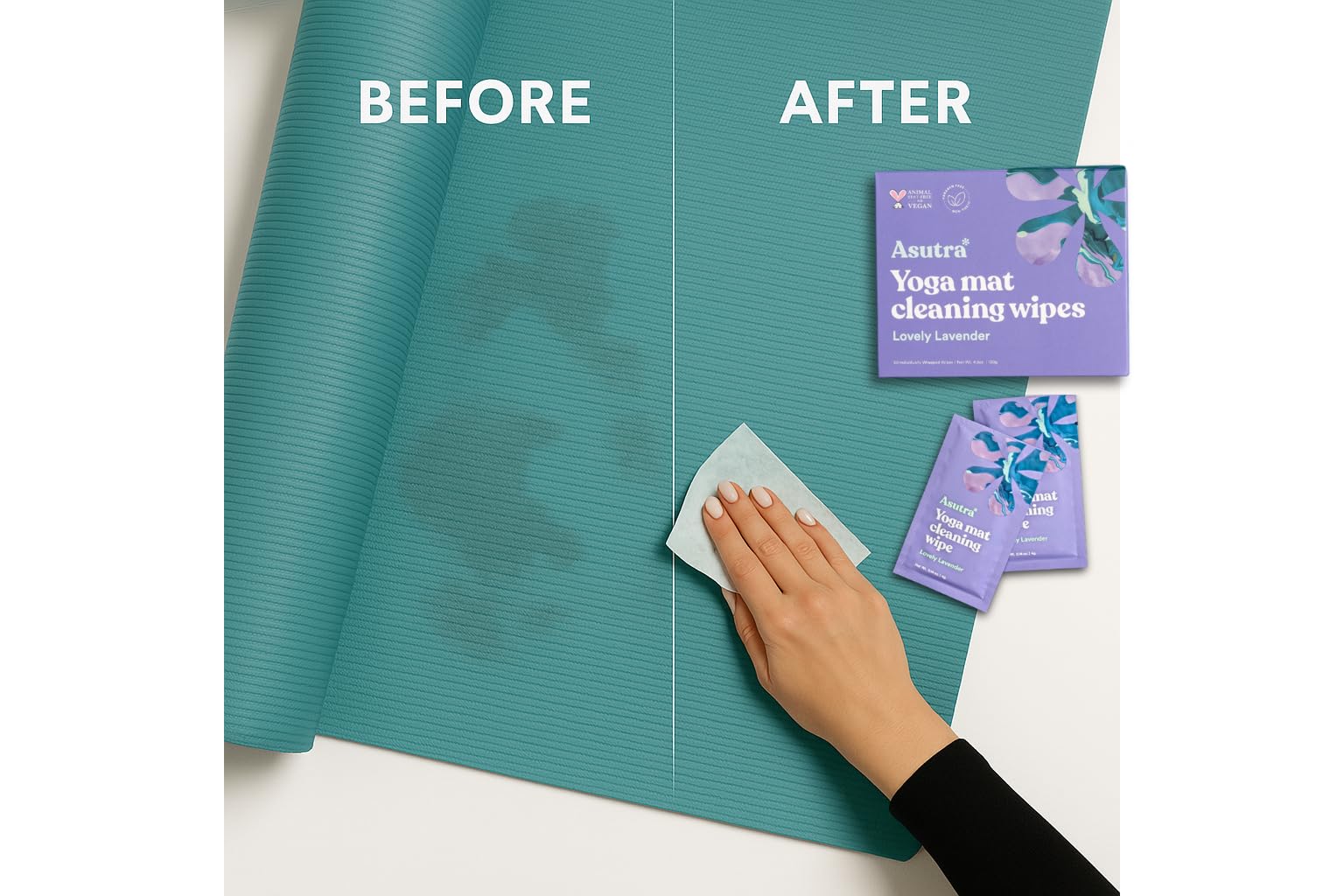 ASUTRA Yoga Mat Cleaning Wipes (Lovely Lavender), Individually Wrapped Wipes, 2 Boxes (30 Each) - No Slippery Residue, Deep-Cleansing for Fitness Gear