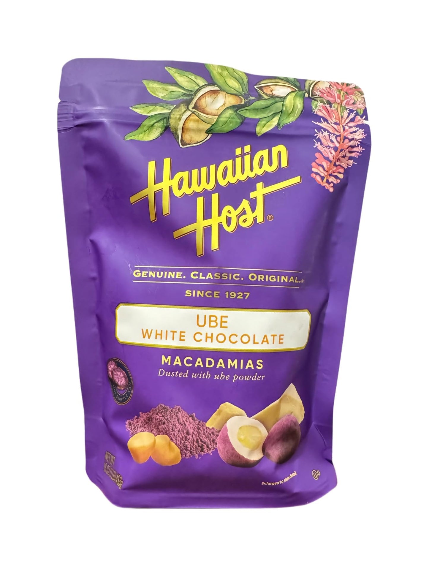 Hawaiian Host Ube White Chocolate Macadamia Nuts, Creamy White Chocolate with Ube Powder, Premium Hawaiian Candy, Resealable 16 oz Bag