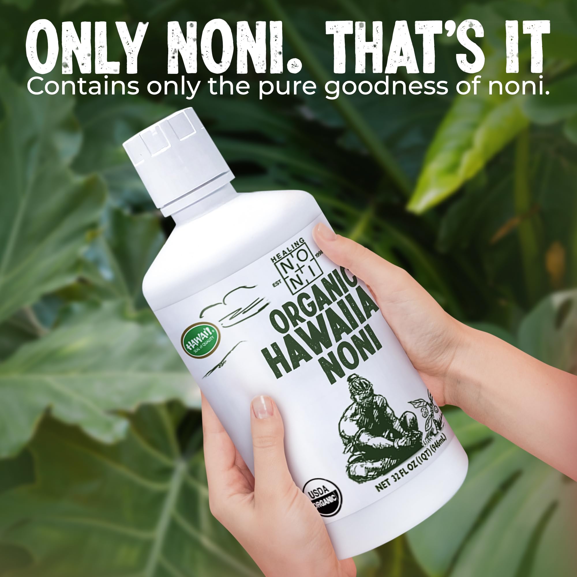 Healing Noni - 2-Pack Plastic Bottle 32oz - 100% Pure Hawaiian Organic Noni Juice - USDA Certified Organic