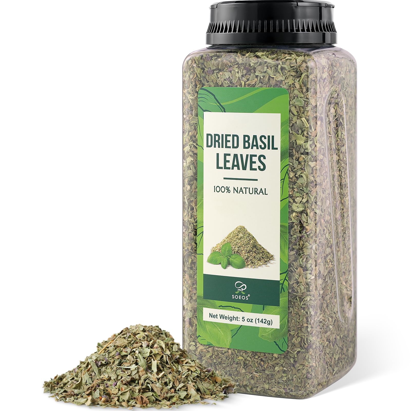 Soeos Basil Leaves, 5 oz (142g), Cut and Sifted, Dried Basil Leaves, Pairs Well with Pasta, Salad, Pizza, Sauces, Poultry, An Essential Seasoning