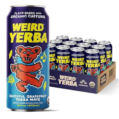Drink Weird Organic Grateful Grapefruit Yerba Mate - 16oz Cans, 160mg Organic Caffeine, Pack of 12 - Grateful Dead Collab, Healthy Energy Drink