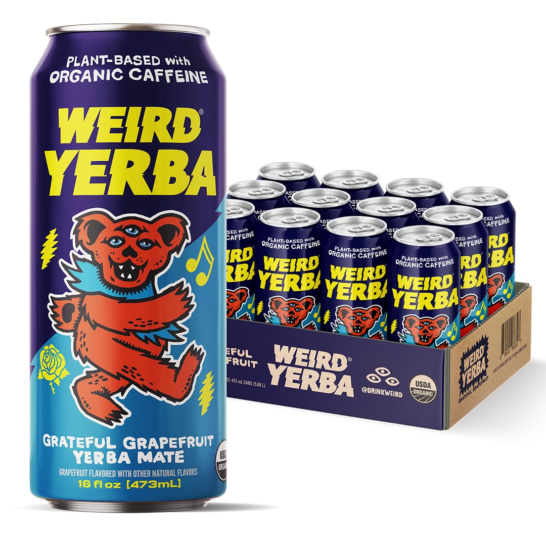 Drink Weird Organic Grateful Grapefruit Yerba Mate - 16oz Cans, 160mg Organic Caffeine, Pack of 12 - Grateful Dead Collab, Healthy Energy Drink