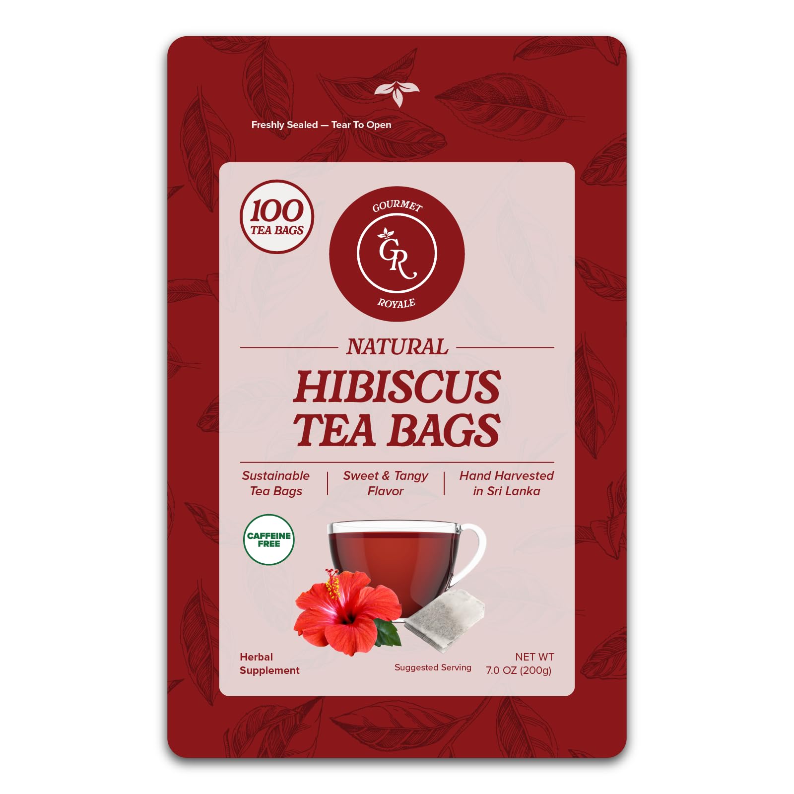 Gourmet Royale Hibiscus Tea, 100 Count, Sustainable Tea Bags, Pure Hibiscus Flowers, Caffeine & Sugar Free, Non-GMO & Vegan, Grown in Sri Lanka, (Pack