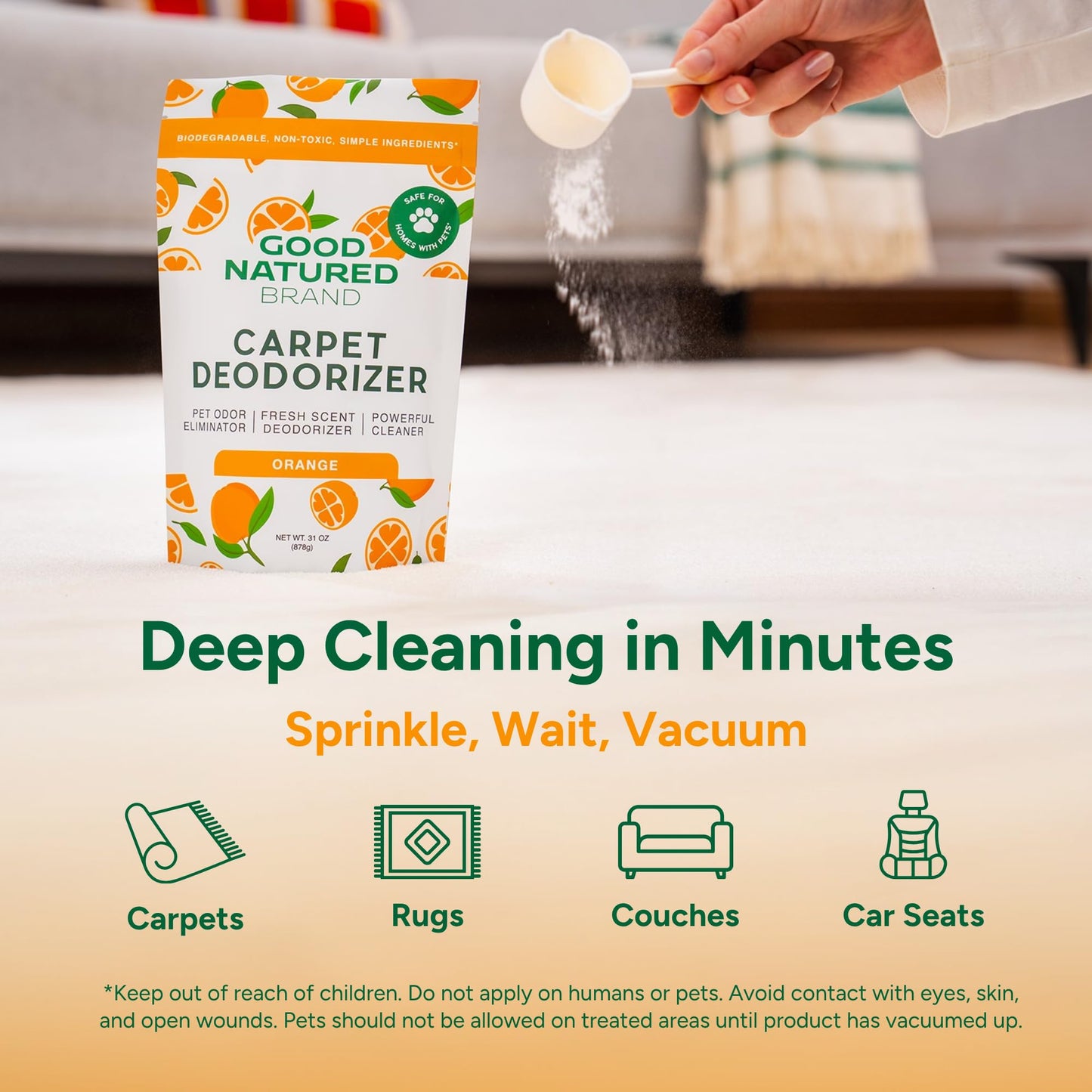 Good Natured Brand | Carpet Deodorizer & Freshener Powder | 31 oz Pet Odor Eliminator for Strong Odor & Pet Urine | Fresh Natural Sweet Orange Scent |