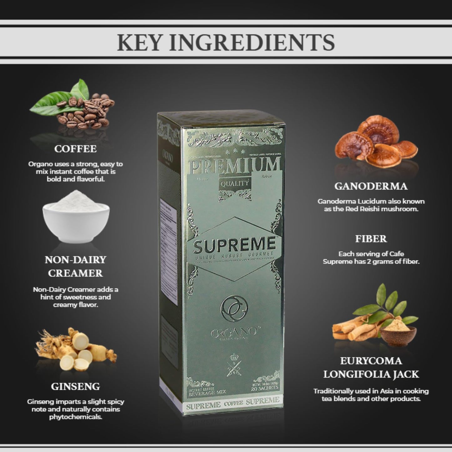 ORGANO Cafe Supreme, 100% Ganoderma Lucidum with Ginseng (20 Sachets)