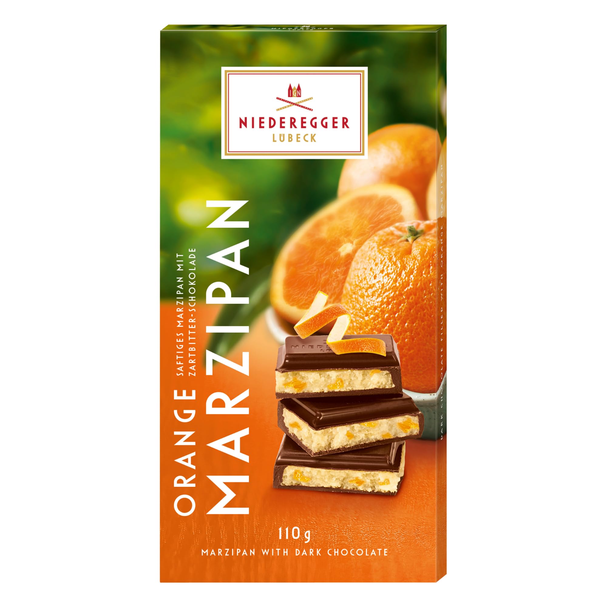 Niederegger Dark Chocolate Orange Marzipan Bar 110g/3.8 oz | Covered with crisp dark chocolate. | Authentic. Premium | Handcrafted in Germany since