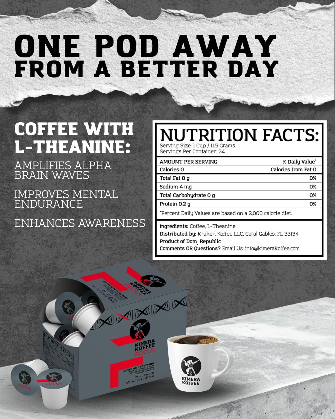 Kimera Koffee Focus Blend - Organic Light Roast Nootropic Ground Coffee Pods with L-Theanine, 24 Count