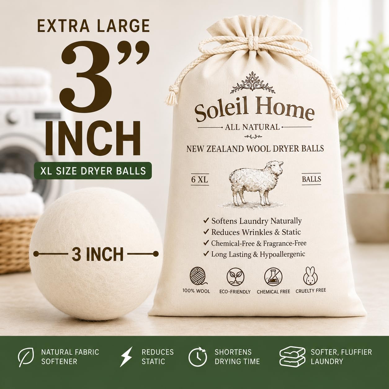 Wool Dryer Balls XL 6-Pack - 100% New Zealand Wool Laundry Balls - Natural Fabric Softener Alternative to Dryer Sheets - Reduces Static, Wrinkles