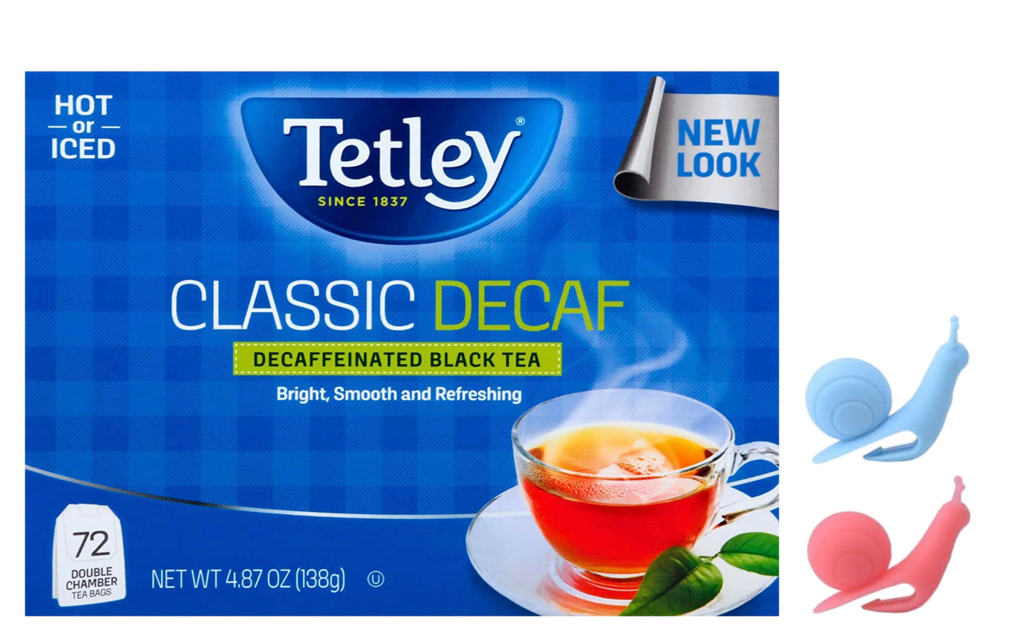 Tetley, Decaffeinated Classic Black Tea Bags, 72 Double chamber Tea Bags | Served Hot or Iced and Bundled with 2 Snail Shape Tea Bag Holder clip Drink