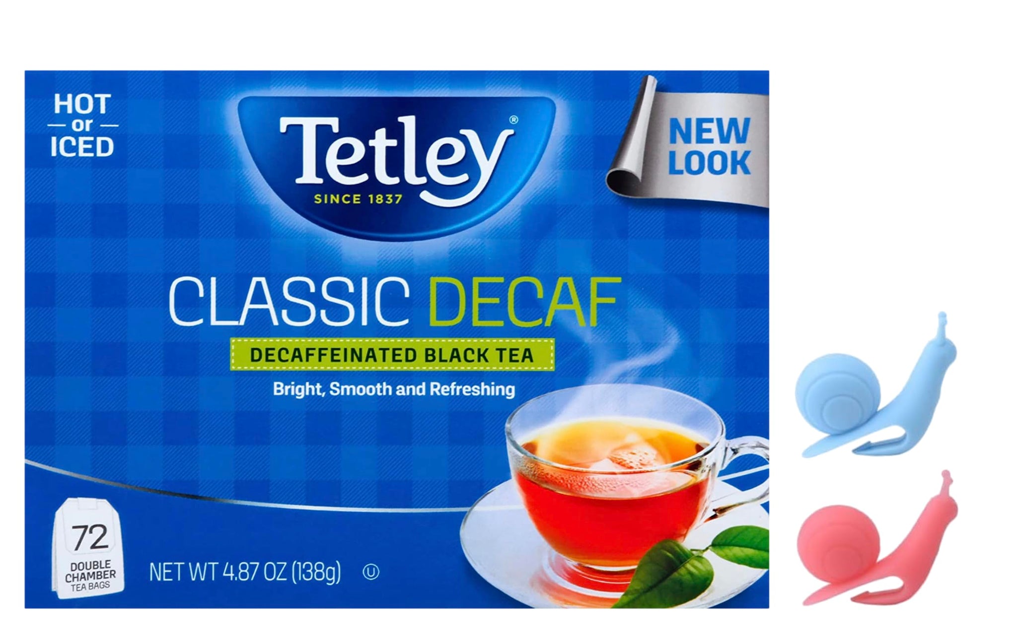 Tetley, Decaffeinated Classic Black Tea Bags, 72 Double chamber Tea Bags | Served Hot or Iced and Bundled with 2 Snail Shape Tea Bag Holder clip Drink