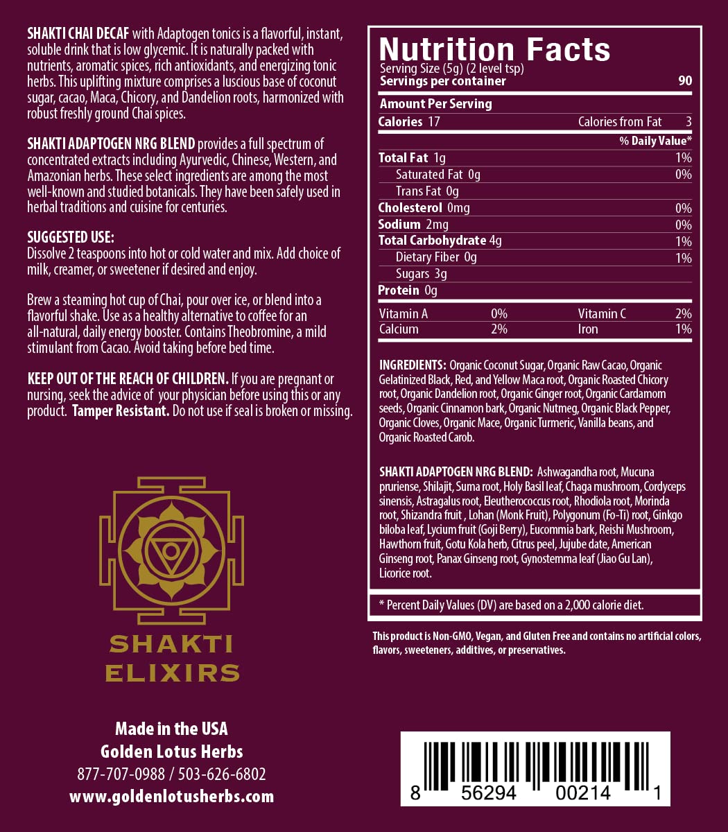 Golden Lotus Herbs Chai Tea (Shakti Chai Decaf with Adaptogens & Raw Cacao, 16 Oz.)