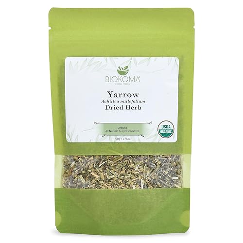 Biokoma Organic Yarrow Dried Herb 50g 1.76oz Dried Loose Achillea Millefolium Digestion Skin Health Support USDA Organic Caffeine Free Herbal Tea