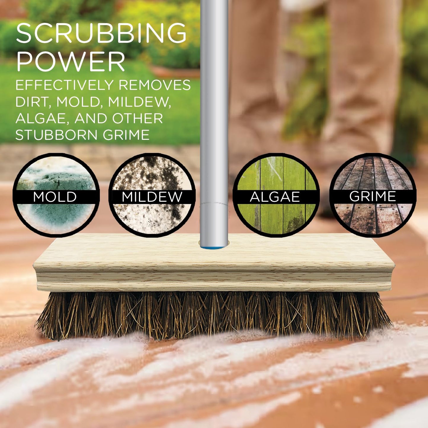 LOLA Deck Scrub Brush, 9" x 3.5" Head w/Palmyra Bristles for Outdoor Cleaning, Removes Dirt & Grime from Patios, Decks, Grout, 1 Count