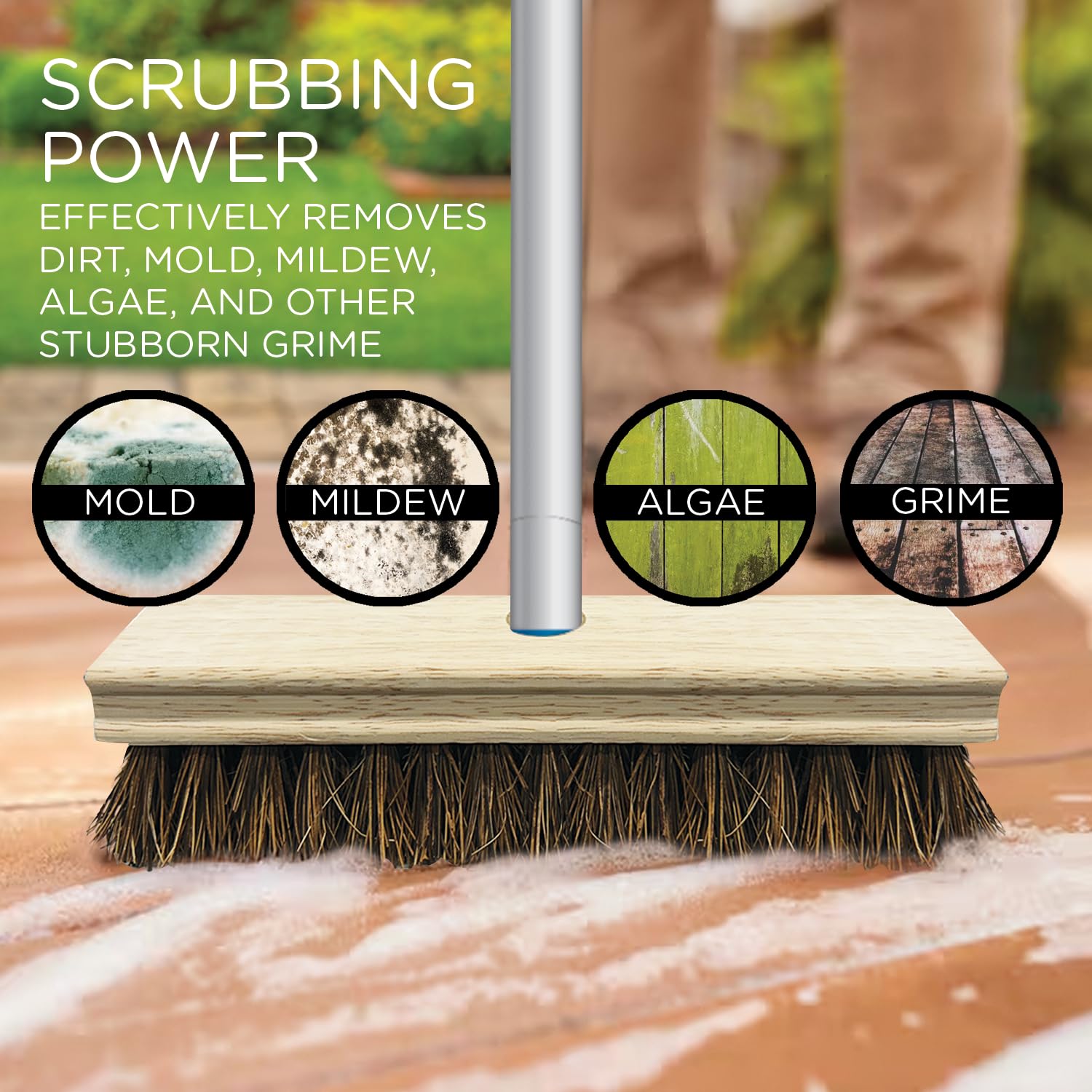 LOLA Deck Scrub Brush, 9" x 3.5" Head w/Palmyra Bristles for Outdoor Cleaning, Removes Dirt & Grime from Patios, Decks, Grout, 1 Count