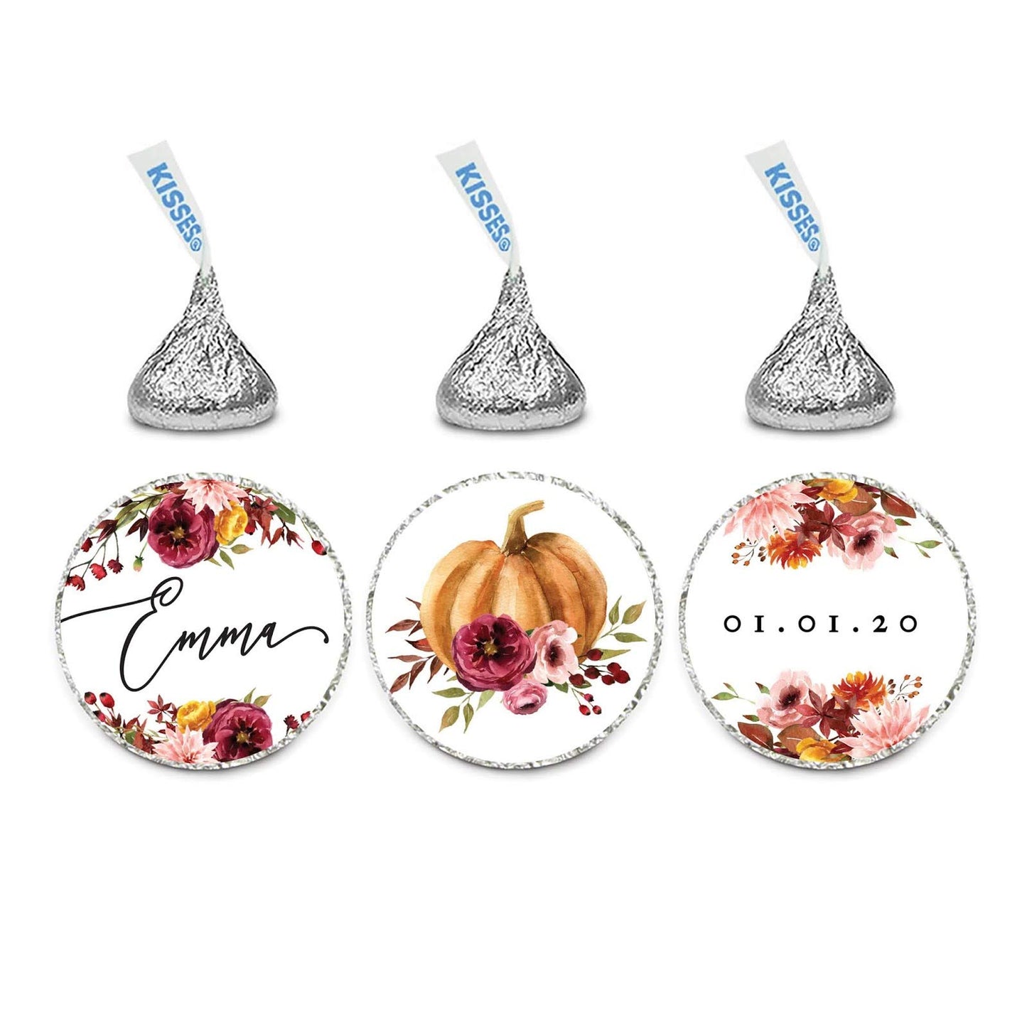 Andaz Press Fall Burgundy Marsala Baby Shower Party Collection, Personalized Chocolate Drop Label Stickers Trio, Custom Name, Date, Marsala Floral