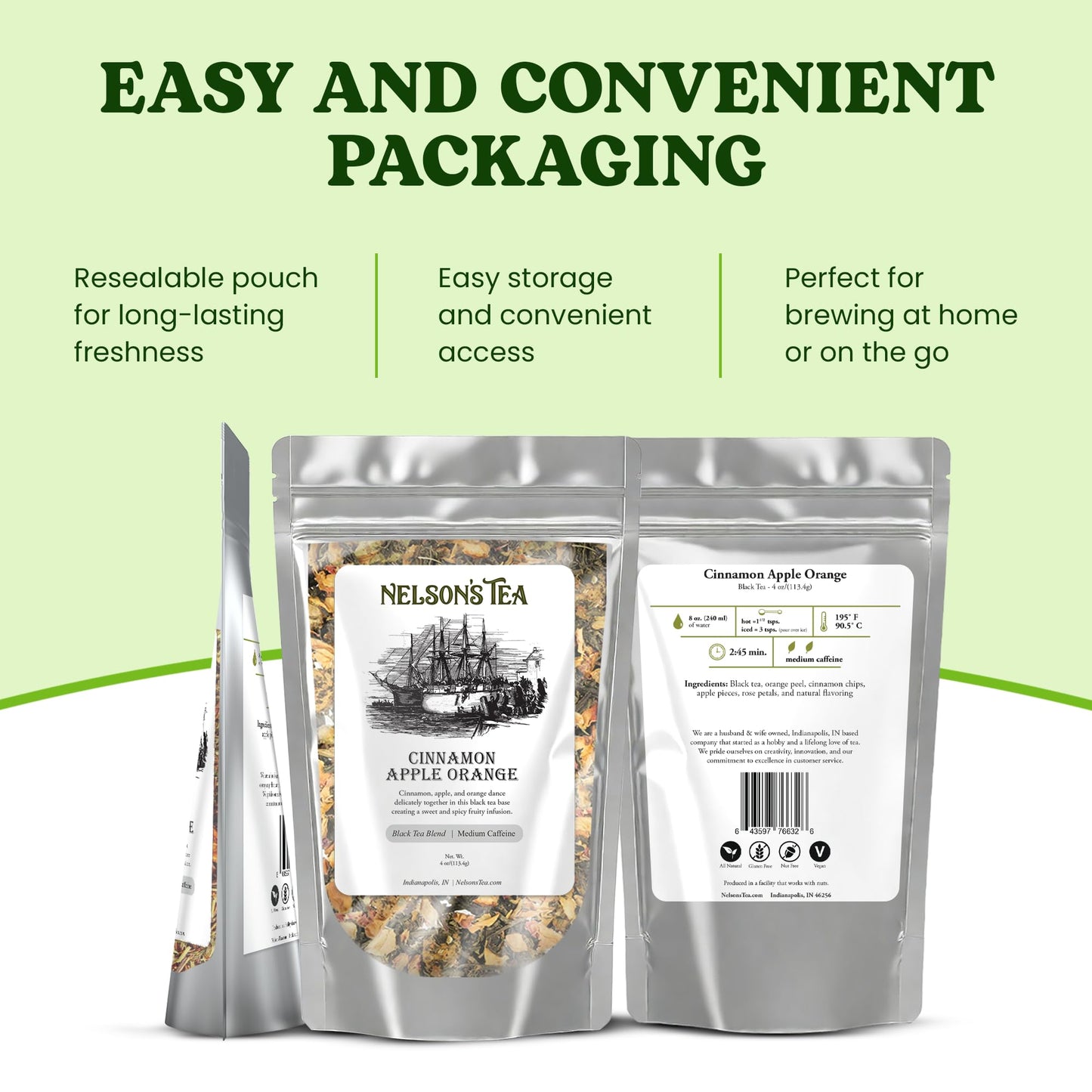 Nelson's Tea - Cinnamon Apple Orange - Loose Leaf Tea - Black tea, orange peel, cinnamon chips, apple pieces, and rose petals. - 4 oz