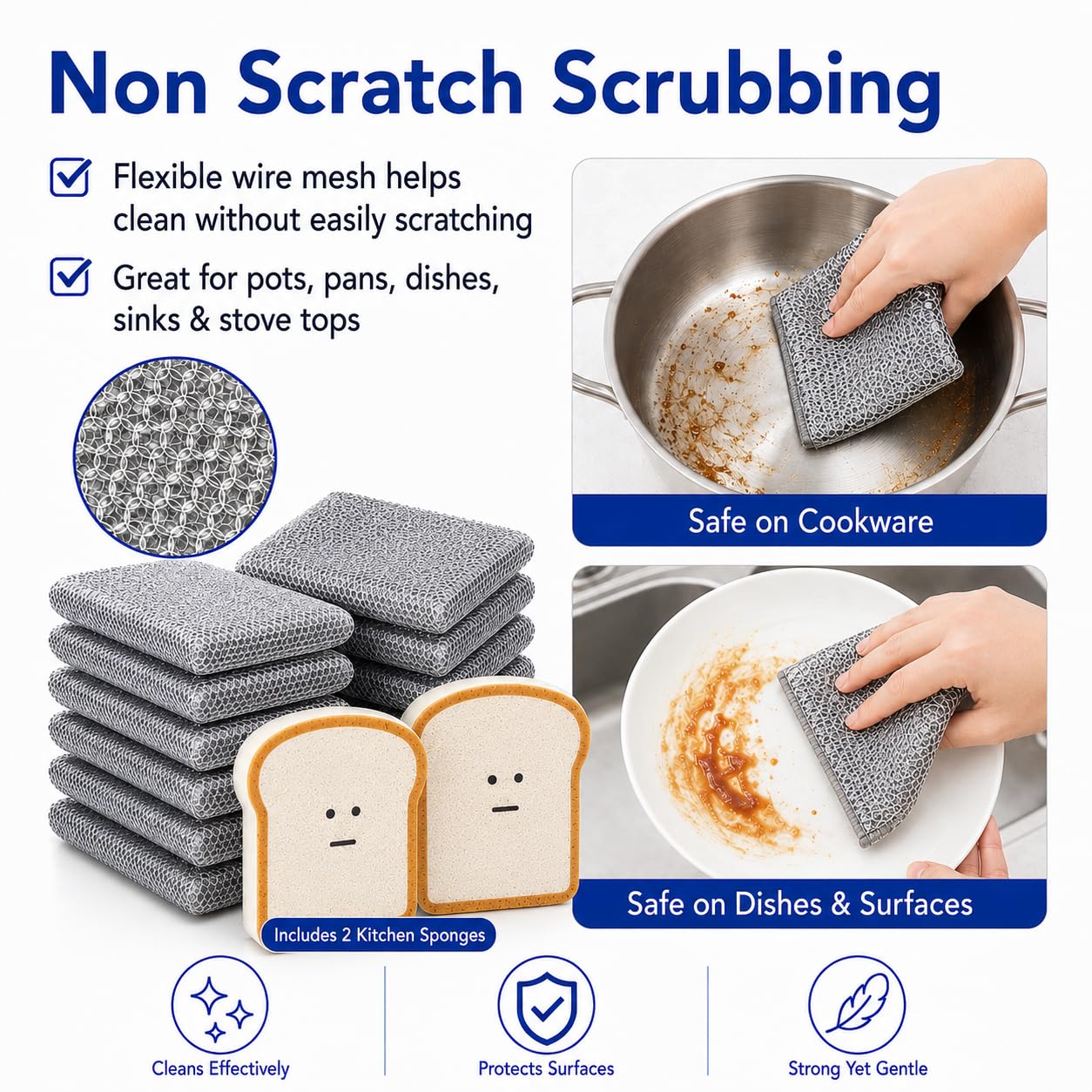 Non Scratch Wire Dishcloths 8 Pack with 2 Kitchen Sponges, Reusable Double Layer Wire Cleaning Cloths for Pots, Pans, Dishes, Sinks and Stove Tops