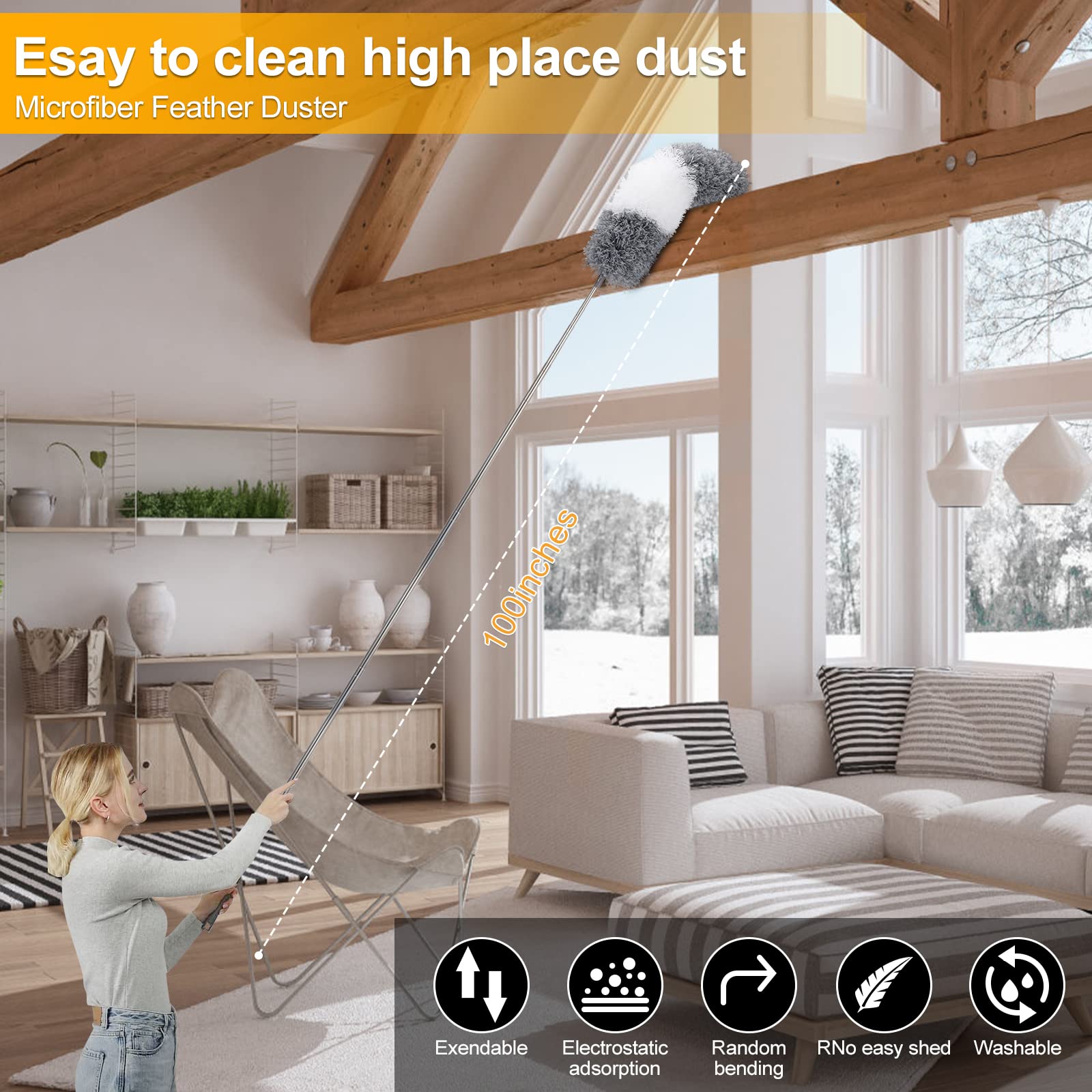 DEEHYO Microfiber Duster for Cleaning Fan, High Ceiling, Blinds, Furniture, Cars , 9PCS Extendable Feather Duster (Stainless Steel) 30 to 100 Inches