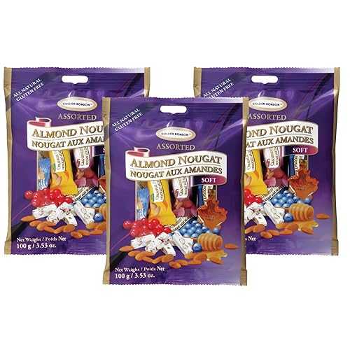 Golden Bonbon Italian Soft Almond Nougat Candy, Individually Packed Chewy, Gluten Free Nougat, Full of Almonds, Halal Candy 3.53 Ounces (Pack of 3)